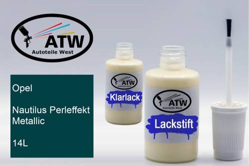 Opel, Nautilus Perleffekt Metallic, 14L: 20ml Lackstift + 20ml Klarlack - Set, von ATW Autoteile West.